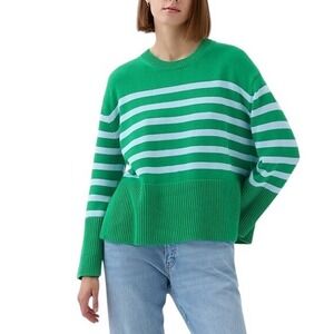 Gap Women 24/7 Oversized Cotton Crewneck Sweater Green Blue Stripe Size M Spring